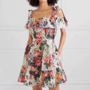 ZIMMERMANN “Allia” tie shoulder floral linen mini dress (Z3)